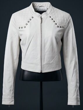 Affliction Laila White Leather Jacket | Studded Crop Moto Jacket NWT XL